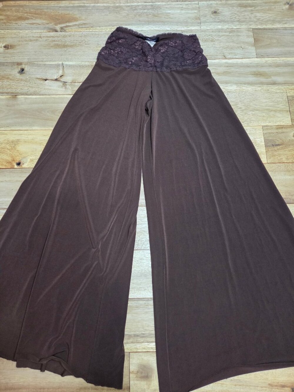 Fleurish Large Brown Wide Leg Pants Polyester Spandex Lace Trim Waistband